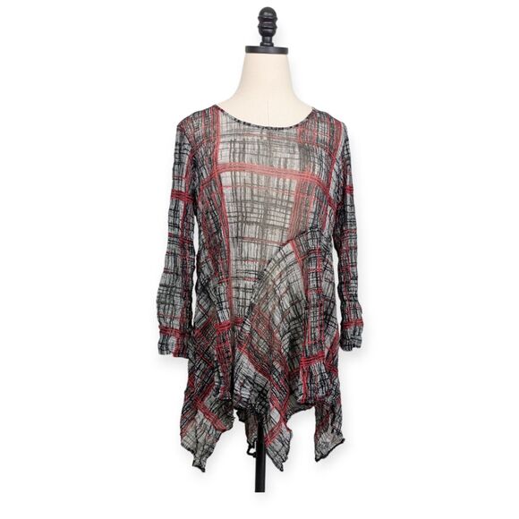 Mesh Top S Red Black Y2K Vintage Whimsigoth Comfy Loose Sheer Plaid Sleeve - Picture 7 of 9